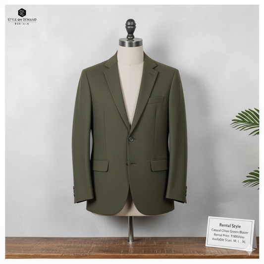 Green blazer on a mannequin with a 'Rental Style' sign in the background