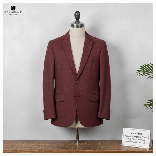 Maroon blazer on a mannequin with a 'Rental Style' sign on a light gray background