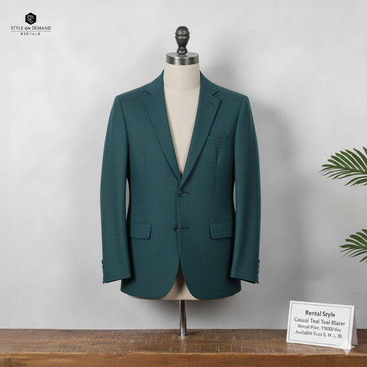 Green blazer on a mannequin with a 'Rental Style' sign in the background