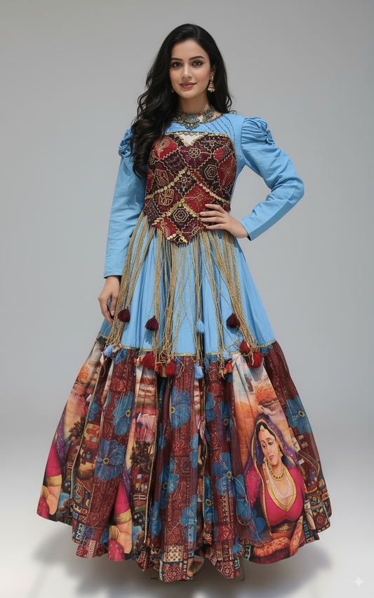 Woman wearing a traditional outfit with a blue top and patterned skirt against a beige background. Rental cloths from ClosFit Surat.